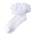 White cotton Lolita lace trim ankle socks for girls featuring double-layered wavy edges - Pure White