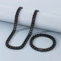 Polished black stainless steel Miami Cuban link necklace and bracelet set on blue background - 10mm Bracelet (21cm) / Black
