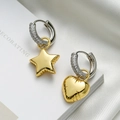 Asymmetric gold star and heart charms on silver cubic zirconia hoop earrings for women - Gold Asymmetric Star Heart (44059)