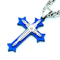 Ciondolo a croce in acciaio blu e argento con diamante e catena artigianale 5mm - Blu Argento Stile A