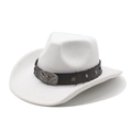 Detail of white wool cowboy hat with brown leather band and embossed bull head buckle - M(56-58cm) / White