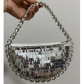 Detailed view of silver sequin hobo bag with large multifaceted crystal handle beads - Silver Sequin