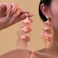 Detailed side view of long tassel earrings with layered pink fabric petals and pearls - Pink Chiffon Flower Style (8#)