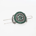 Vintage silver hair stick with green turquoise flower drop and double prongs - Green Rhinestone Antique Silver