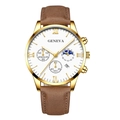 Close-up of golden watch face with Roman numerals and three functional sub-dials - Brown Strap Gold Case White Dial Gold Hands