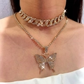 Parure hip-hop dorée avec pendentif papillon en cristal et chaîne cubaine sertie de strass - Diamant Kc Or S341