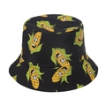 Close-up of black cotton bucket hat with funny cartoon corn prints and green details - Black Corn (H)