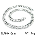 Polished silver stainless steel Cuban chain 760x10mm 134g with square clasp - Steel Necklace 75cm (KN225400-Z)