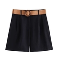 Zwarte korte broek voor dames met wijde pijpen en gevlochten riem met houten gesp - XS / Bottoms / Zwart
