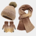 Flat lay of gradient brown winter knit set including hat with pompom, scarf and gloves - Khaki Gradient