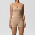 Detail of light beige two-piece yoga set with slim camisole top and high-waist fitness shorts - S / Top And Bottom / Medium Khaki