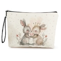Easter bunny canvas makeup bag in off-white with cute crown rabbit print and black handle - Double Bunnies with Crowns (Style 3)