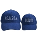 Dark blue corduroy baseball cap set with white MAMA and MINI embroidery for family - Navy Blue Corduroy Baseball Caps For Parents And Children / One Size