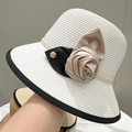 French vintage straw hat with pearl band and elegant champagne camellia flower detail - M (56-58cm) / White