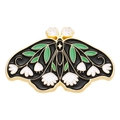 Artistic vintage moth enamel brooch with black wings and green floral patterns in gold finish - White Flower Green Leaf Moth Style (XZ6955)