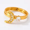 Zweiteiliges goldenes Mond-Ring-Set mit Zirkonia-Halbmond und Solitär-Ring für Damen - US 7