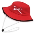 Red reversible bucket hat with white bow embroidery and adjustable windproof chin strap - Red