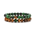 Set of two 8mm natural tiger eye stone bead bracelets in green and brown finishes - Yellow Tiger Eye + Green Tiger Eye