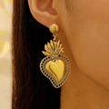 Vintage golden sacred heart earrings with flame design and ornate filigree edges - Flaming Sacred Heart Earrings / Antique Gold Earrings
