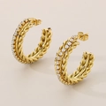 Pendientes de aro en C trenzados dorados con cristales blancos brillantes de mujer - Estilo de Diamantes de Imitación de Cable Trenzado (KE113727-KFC) / Dorado