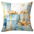 Blue Christmas pillow cover with watercolor gift boxes and golden ribbons design - Stacked Gift Illustration