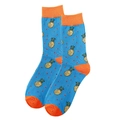 Blue cotton crew socks with pineapple patterns and orange contrast heel and toe - Blue Orange Pineapple