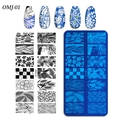 Detailed nail stamping plate OMJ-01 featuring floral and geometric leaf patterns - Plants & Elk Style (OMJ-01)