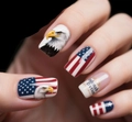 Detailed view of American flag nails featuring realistic eagle and star stripes design - Medium Long Square US Flag Eagle Style (CW555) / Including Yellow Jelly Glue + Nail File