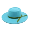 Detail of teal wool felt fedora featuring a contrast green velvet ribbon and flat top - M (56-58cm) / Lake Blue
