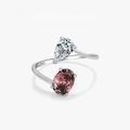 S925 sterling silver open ring with pear white gem and pink oval stone design - US Size 7 / Pink Oval and Pear Double Stone (PNJ017) / Platinum Plated Adjustable