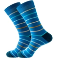 Detailed view of lake blue cotton crew socks with orange and beige horizontal stripes - Blue Cuff Fine Stripes