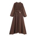 Elegante abito marrone a pois plissettato a maniche lunghe con fibbia in metallo - XS / Marrone a Pois