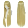 Detailed view of long straight gold cosplay wig with bangs and smooth synthetic fiber texture - Light Gold Color