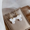 Elegant white flower drop earrings with golden pearls and rhinestones on silk surface - Pearl Waterdrop Flower Style (E5458/Silver Needle)