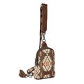 Bohemian canvas crossbody chest bag with brown geometric pattern and leather strap - Coffee