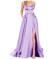 Elegant lavender satin evening gown with thin straps and a side slit on white background - US size 12 (L) / Tops / Lavender