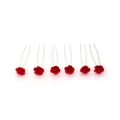 Close-up of red velvet rose U-shaped hair pins with silver metal prongs for bridal styling - Red Velvet Rose Style (FZ-001) / 6Pcs/Set / Silver