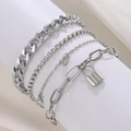 Silver alloy chain bracelet set with rhinestone padlock and Cuban link styling - Silver (0626)