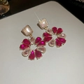 Detailed shot of pearl and ruby-red floral earrings with gold accents and cubic zirconia - 14# Silver Pin-Gold-Purple-Pink