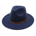 Classic navy wool fedora hat with a brown faux leather band and gold metal buckle - M (56-58cm) / Navy Blue