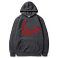 Dark grey hoodie featuring a red handwritten love print and heart graphic for women - S / Tops / Dark Gray