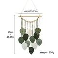 Handmade green and white woven leaf wall hanging decor with wooden rod, 40x65cm size - Green