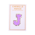 Detail of purple chenille letter J patch with gold sequins and peel and stick adhesive - Letter J / Purple