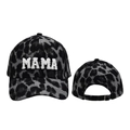 Front and back views of leopard print MAMA embroidered baseball cap with metal buckle - Corduroy / MAMA-Gray Leopard