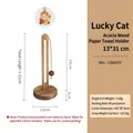 Lucky cat charm solid acacia wood kitchen roll holder with circular base 13x31cm - Acacia Wood U-Shape - Fortune Cat Pendant