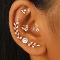 Golden leaf and flower stud earring set with sparkling zircon stones for ear stacking - Branch Leaf Style (2581)