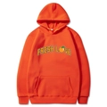 Orange hoodie for men featuring Fresh Love text and a graphic citrus fruit print - Orange