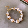 Elegant white ceramic pearl bracelet with gold-plated floral bead caps and adjustable chain - 33# Bracelet-Gold-White (Flower Bud Pearl Grab)
