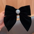Elegant black velvet oversized bow hair clip with central pearl and rhinestone pendant - Velvet/Pearl/Rhinestone