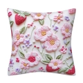 3D floral cushion cover featuring embroidered strawberry and flower patterns on white fabric - 18x18 Inch